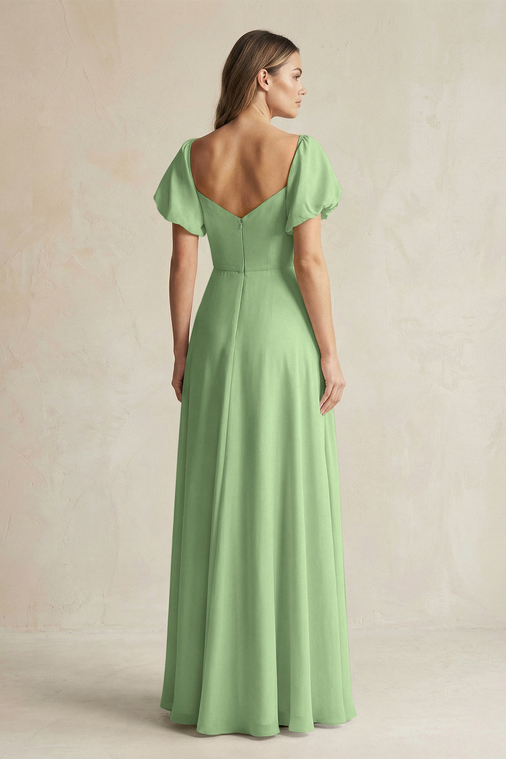 Sweetheart Puff Sleeve A-Line Chiffon Bridesmaid Dress in Matcha