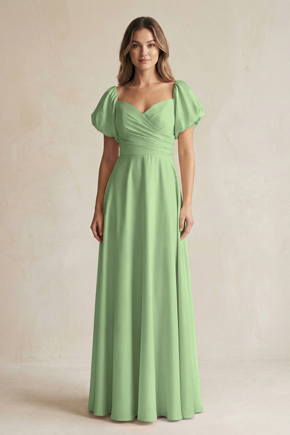 Sweetheart Puff Sleeve A-Line Chiffon Bridesmaid Dress in Matcha