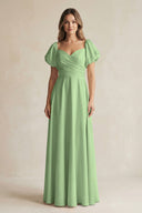 Matcha Sweetheart Puff Sleeve A-Line Chiffon Bridesmaid Dress | KISSBRIDAL