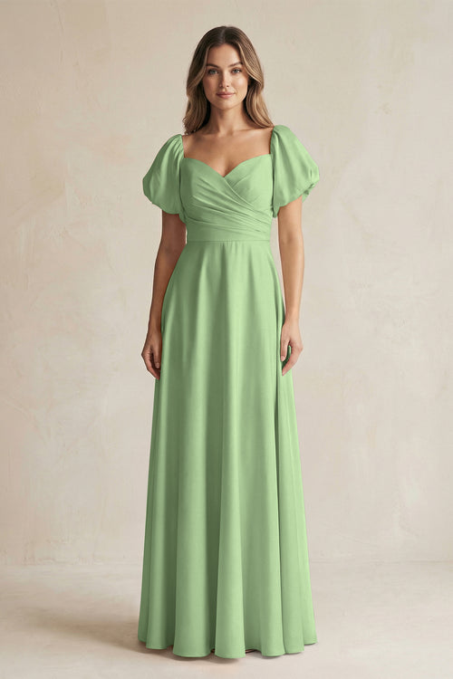 Matcha Sweetheart Puff Sleeve A-Line Chiffon Bridesmaid Dress | KISSBRIDAL