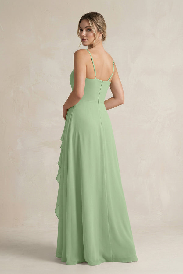Matcha Sweetheart Ruffled A-Line Chiffon Bridesmaid Dress with Slit (2) | KISSBRIDAL