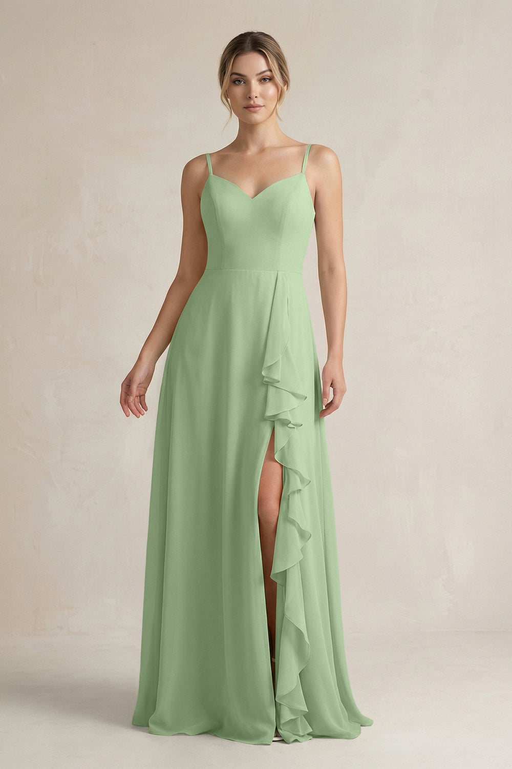 Sweetheart Ruffled A-Line Chiffon Bridesmaid Dress with Slit in Matcha