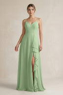 Matcha Sweetheart Ruffled A-Line Chiffon Bridesmaid Dress with Slit | KISSBRIDAL