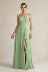Matcha Sweetheart Ruffled A-Line Chiffon Bridesmaid Dress with Slit | KISSBRIDAL