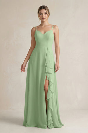 Matcha Sweetheart Ruffled A-Line Chiffon Bridesmaid Dress with Slit | KISSBRIDAL