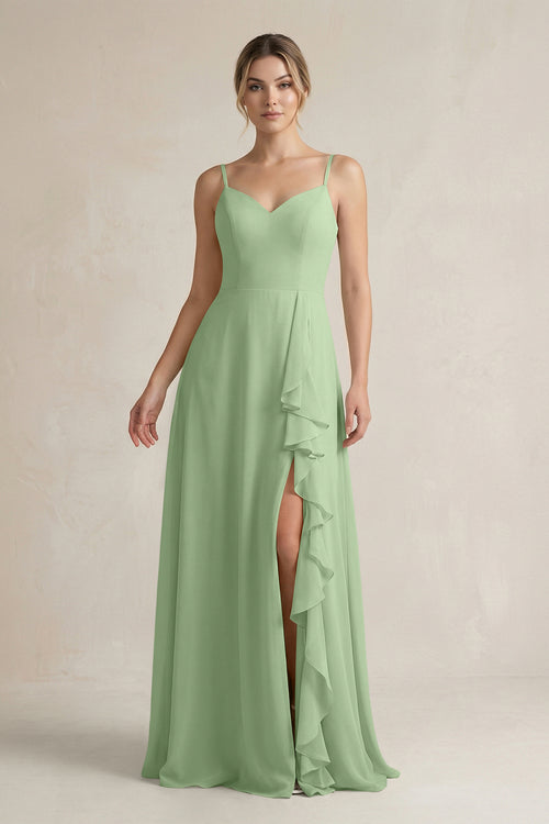 Matcha Sweetheart Ruffled A-Line Chiffon Bridesmaid Dress with Slit | KISSBRIDAL