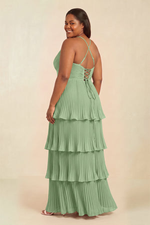 Matcha Tiered Pleated V-Neck A-Line Chiffon Bridesmaid Dress (2) [sizeplus] | KISSBRIDAL