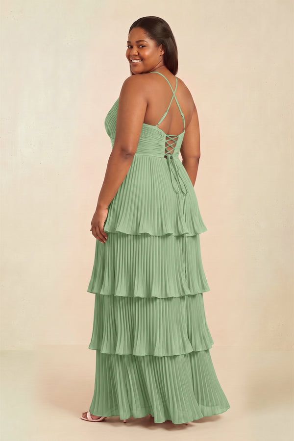 Matcha Tiered Pleated V-Neck A-Line Chiffon Bridesmaid Dress (2) [sizeplus] | KISSBRIDAL