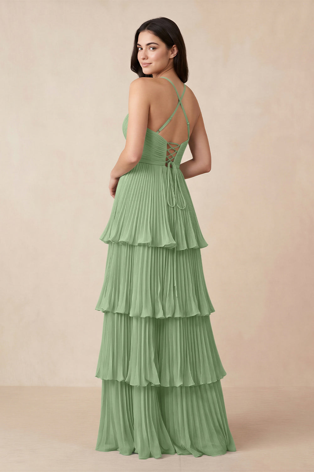 Tiered Pleated V-Neck A-Line Chiffon Bridesmaid Dress in Matcha
