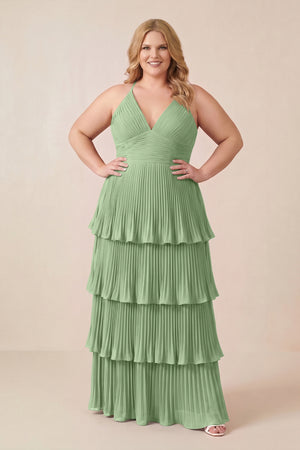 Matcha Tiered Pleated V-Neck A-Line Chiffon Bridesmaid Dress (3) [sizeplus] | KISSBRIDAL