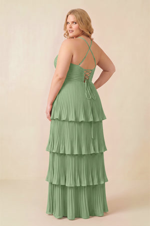 Matcha Tiered Pleated V-Neck A-Line Chiffon Bridesmaid Dress (4) [sizeplus] | KISSBRIDAL