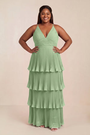 Matcha Tiered Pleated V-Neck A-Line Chiffon Bridesmaid Dress [sizeplus] | KISSBRIDAL