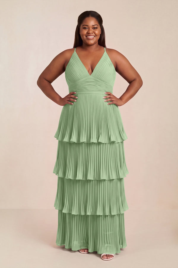 Matcha Tiered Pleated V-Neck A-Line Chiffon Bridesmaid Dress [sizeplus] | KISSBRIDAL
