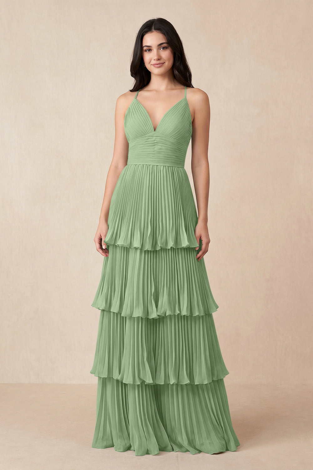 Tiered Pleated V-Neck A-Line Chiffon Bridesmaid Dress in Matcha