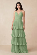 Matcha Tiered Pleated V-Neck A-Line Chiffon Bridesmaid Dress | KISSBRIDAL