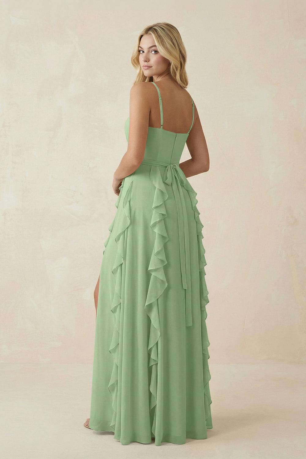 Tiered Ruffle A-Line Chiffon Bridesmaid Dress in Matcha