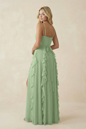 Matcha Tiered Ruffle A-Line Chiffon Bridesmaid Dress (2) | KISSBRIDAL