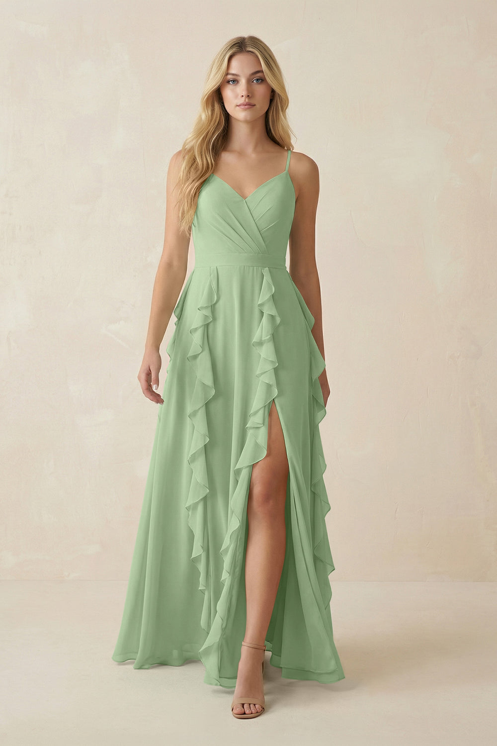 Tiered Ruffle A-Line Chiffon Bridesmaid Dress in Matcha