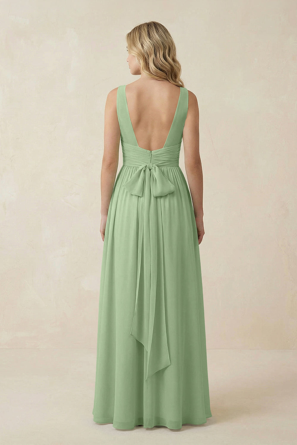 V-Neck A-Line Bridesmaid Dress with Back Bow in Matcha
