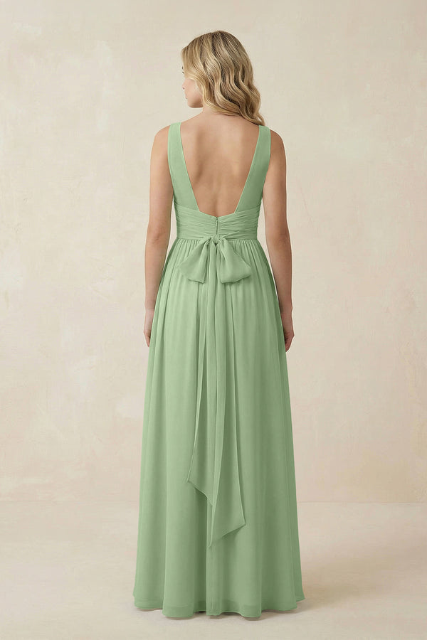 Matcha V-Neck A-Line Bridesmaid Dress with Back Bow (2) | KISSBRIDAL