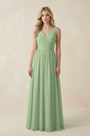 Matcha V-Neck A-Line Bridesmaid Dress with Back Bow | KISSBRIDAL