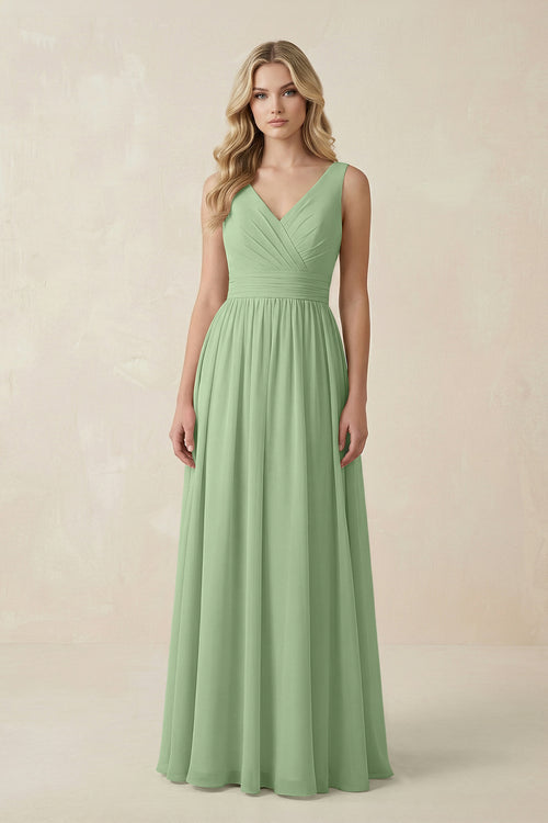 Matcha V-Neck A-Line Bridesmaid Dress with Back Bow | KISSBRIDAL