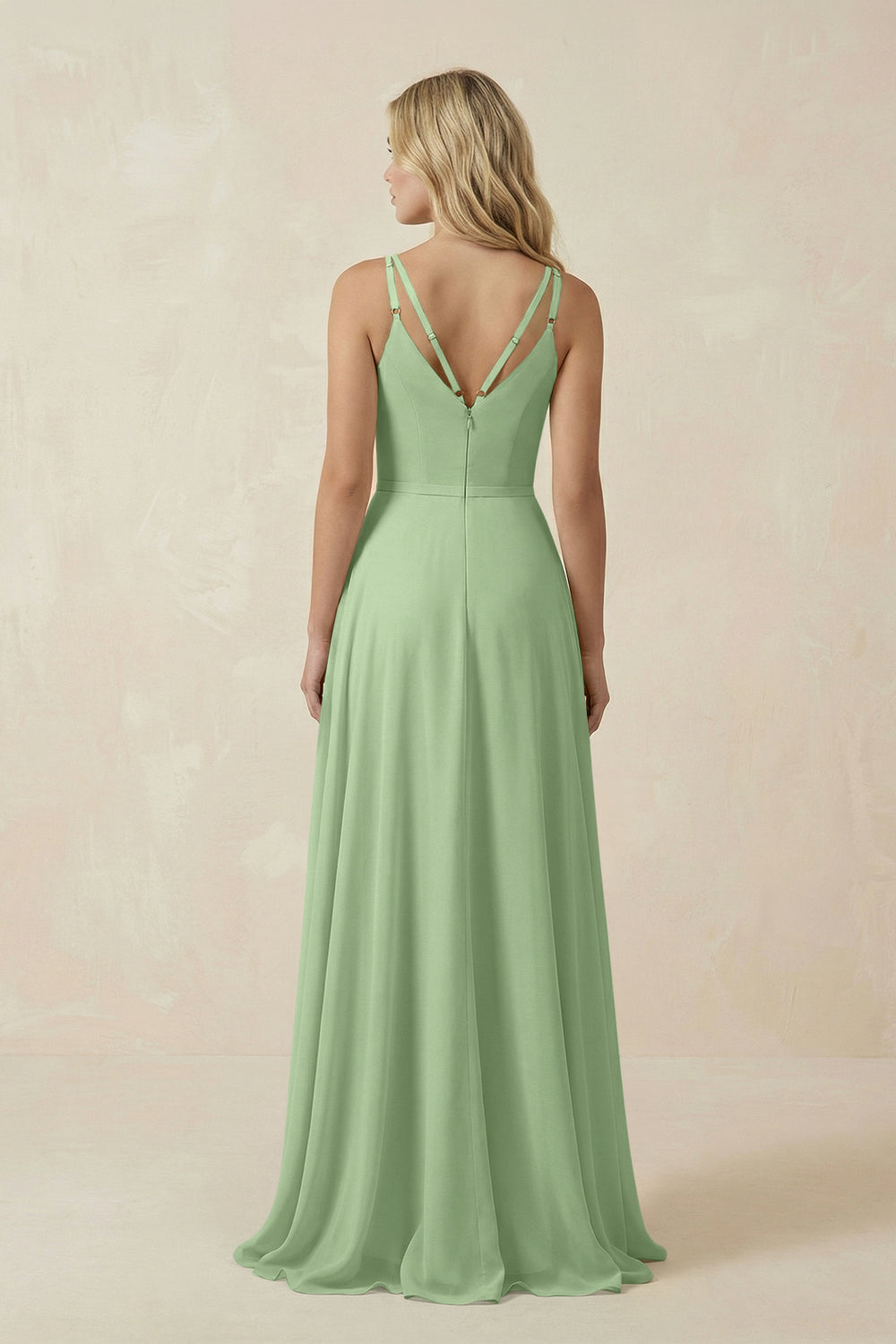 V-Neck A-Line Chiffon Bridesmaid Dress with Crisscross Back in Matcha