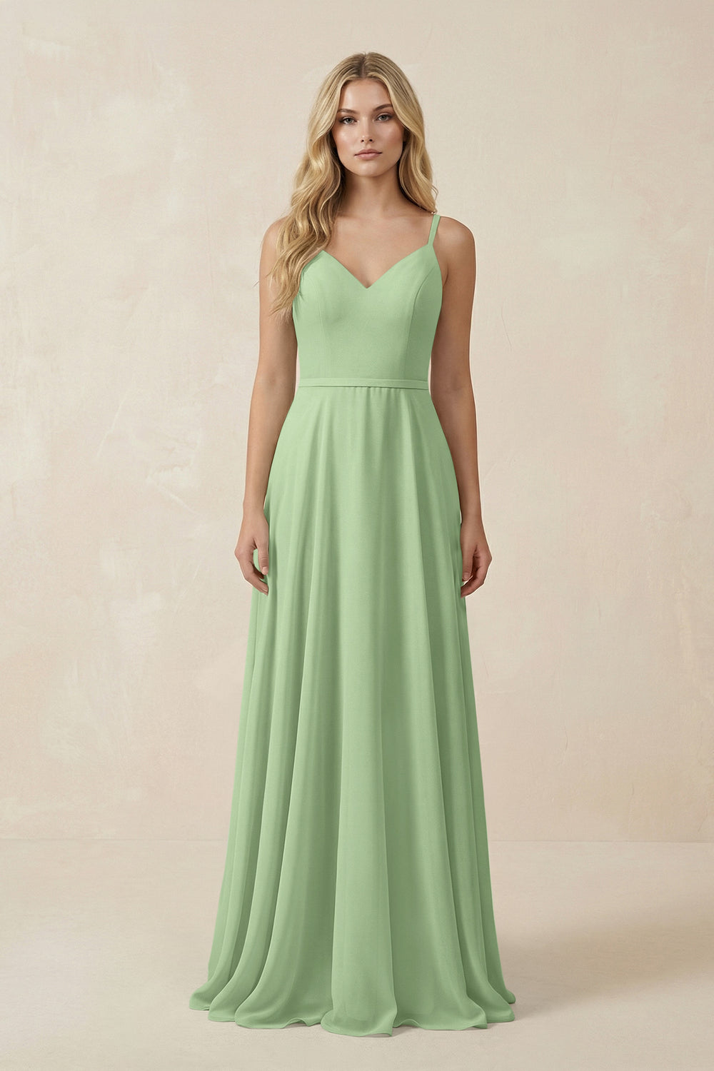 V-Neck A-Line Chiffon Bridesmaid Dress with Crisscross Back in Matcha