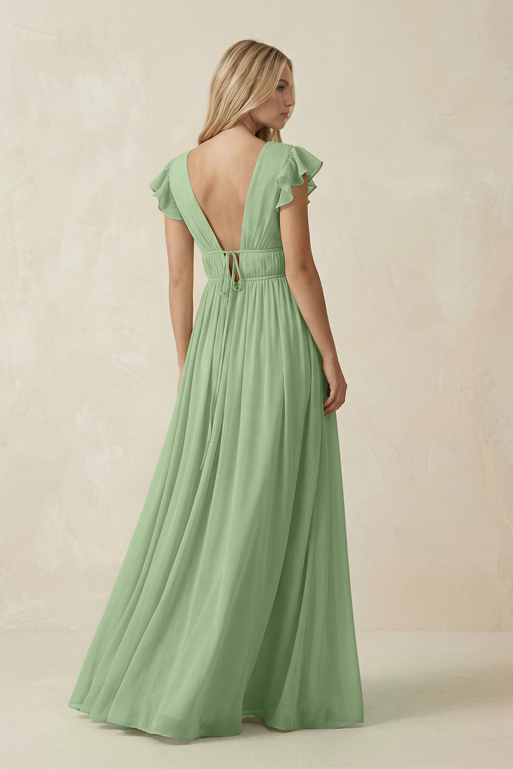 V-Neck A-Line Chiffon Cap Sleeves Bridesmaid Dress in Matcha