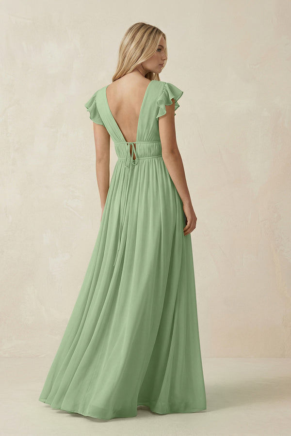 Matcha V-Neck A-Line Chiffon Cap Sleeves Bridesmaid Dress (2) | KISSBRIDAL