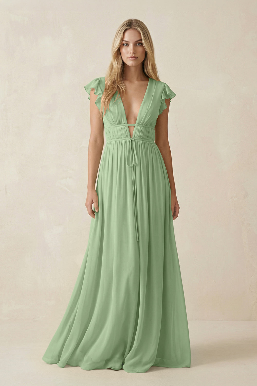 V-Neck A-Line Chiffon Cap Sleeves Bridesmaid Dress in Matcha
