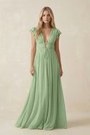 Matcha V-Neck A-Line Chiffon Cap Sleeves Bridesmaid Dress | KISSBRIDAL