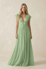 Matcha V-Neck A-Line Chiffon Cap Sleeves Bridesmaid Dress | KISSBRIDAL