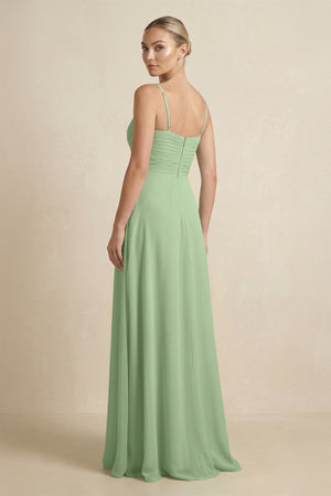 Matcha V-Neck A-Line Chiffon Pleated Bridesmaid Dress (2) | KISSBRIDAL