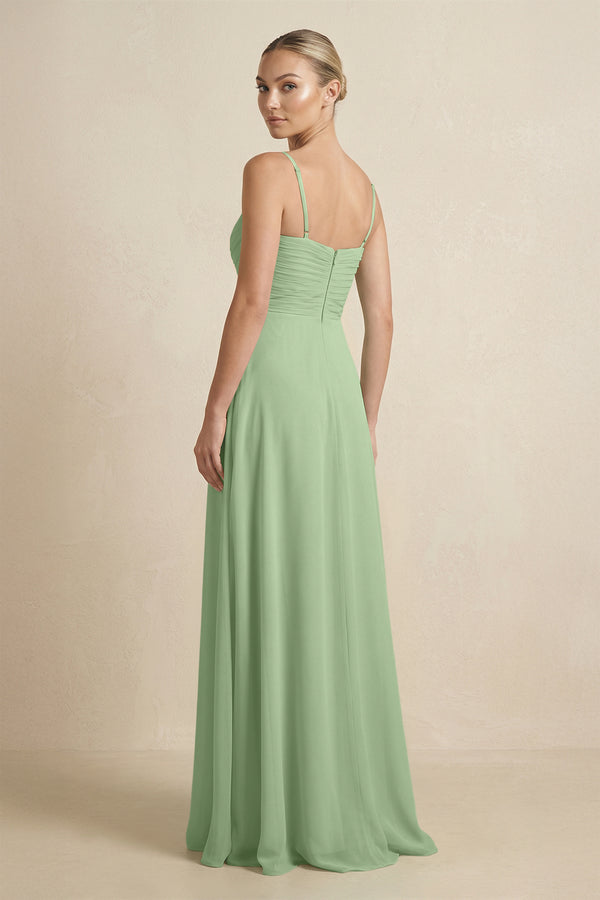 Matcha V-Neck A-Line Chiffon Pleated Bridesmaid Dress (2) | KISSBRIDAL