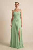 Matcha V-Neck A-Line Chiffon Pleated Bridesmaid Dress | KISSBRIDAL