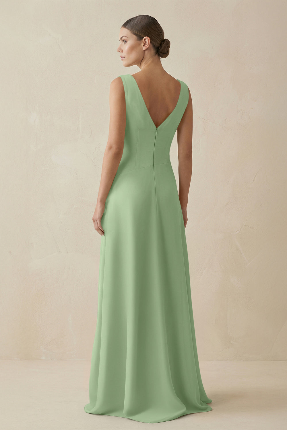 V-Neck A-Line Chiffon Ruffled Bridesmaid Dress in Matcha