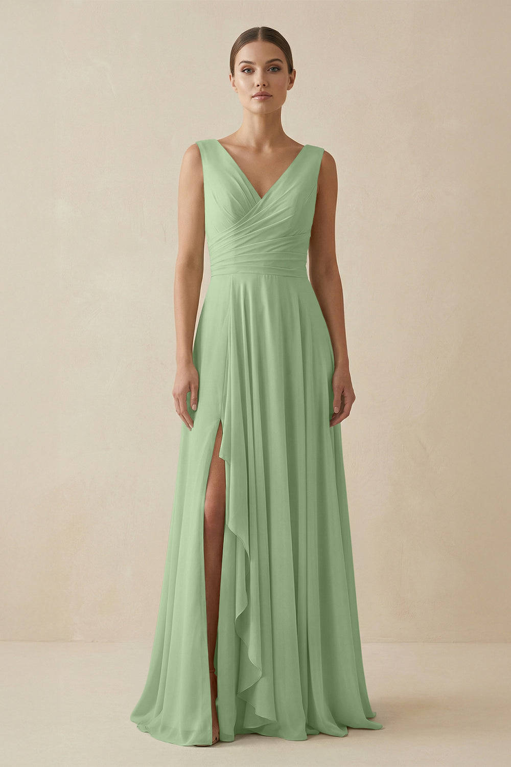 V-Neck A-Line Chiffon Ruffled Bridesmaid Dress in Matcha