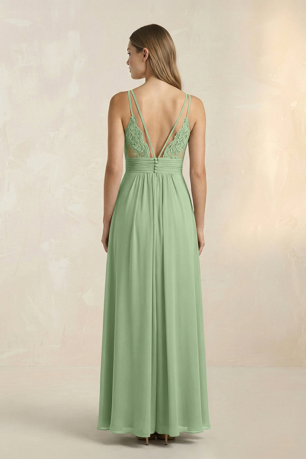V-Neck A-Line Pleated Chiffon Bridesmaid Dress in Matcha