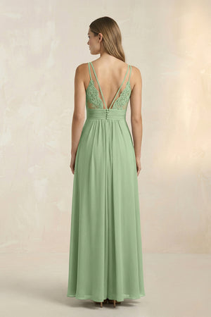 Matcha V-Neck A-Line Pleated Chiffon Bridesmaid Dress (2) | KISSBRIDAL