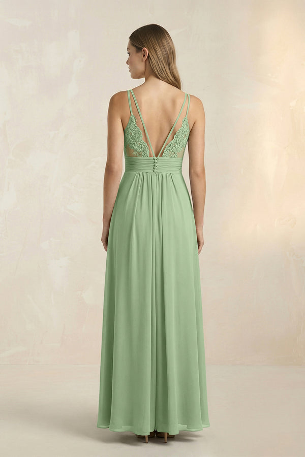 Matcha V-Neck A-Line Pleated Chiffon Bridesmaid Dress (2) | KISSBRIDAL