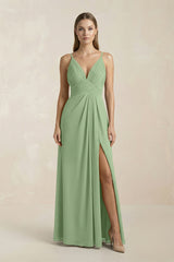 Matcha V-Neck A-Line Pleated Chiffon Bridesmaid Dress | KISSBRIDAL