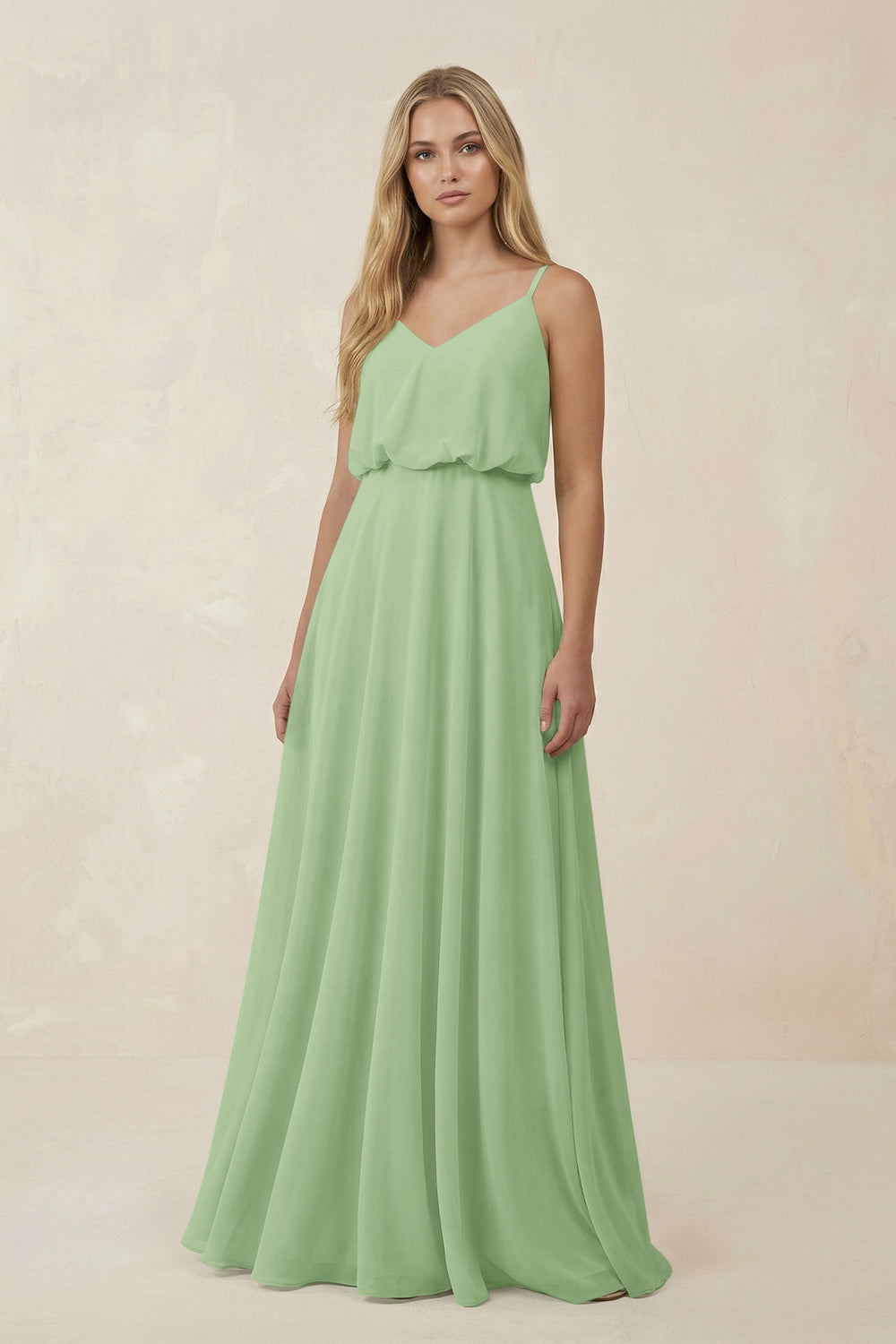 V-Neck Blouson A-Line Chiffon Bridesmaid Dress in Matcha