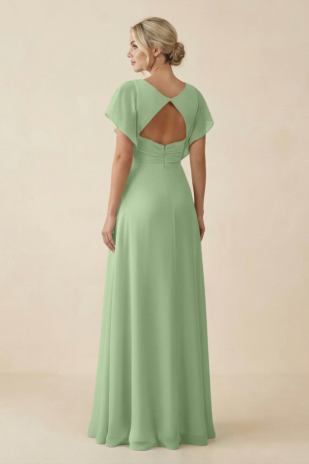 V-Neck Cap Sleeve Chiffon Bridesmaid Dress with Cut-out Back in Matcha