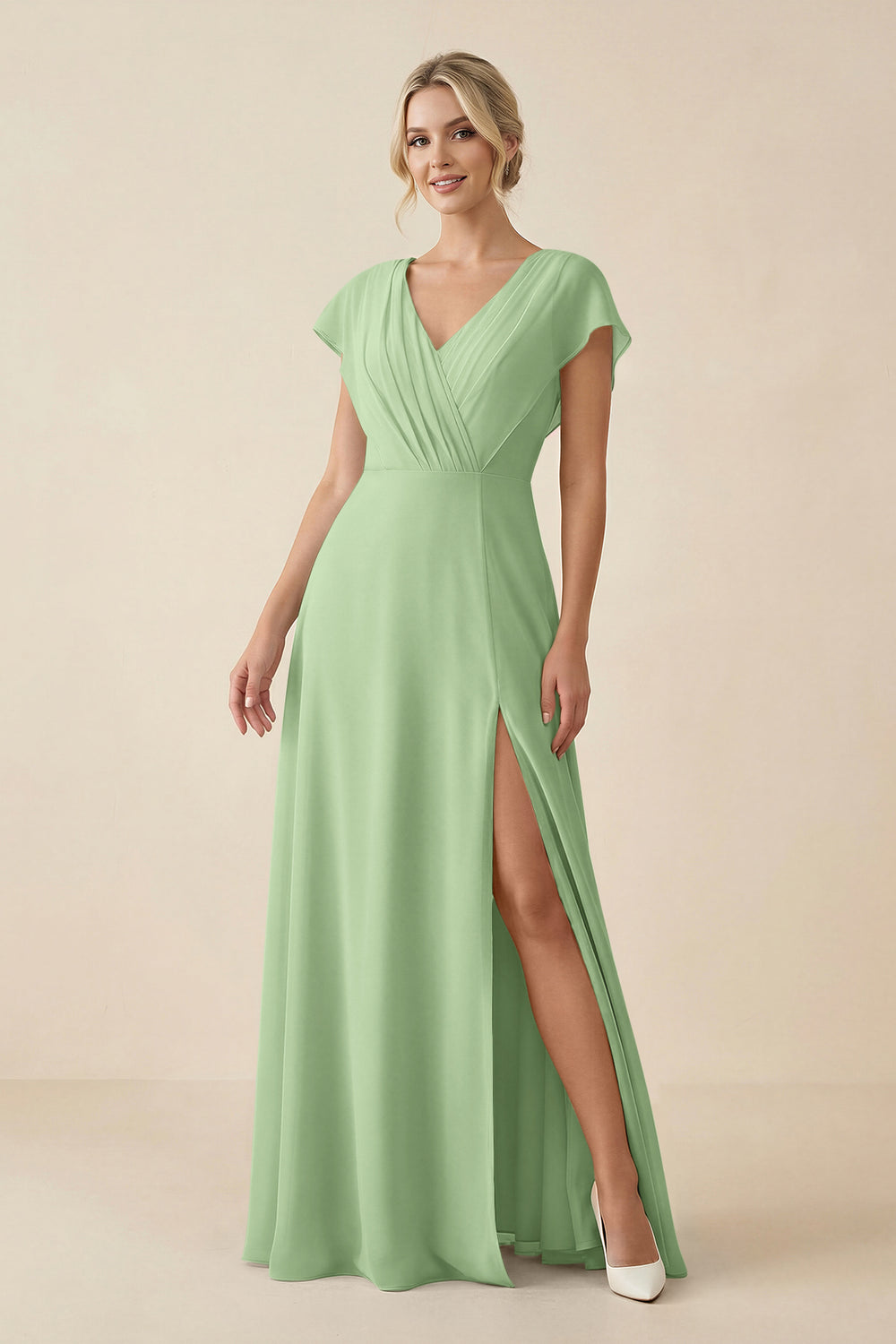 V-Neck Cap Sleeve Chiffon Bridesmaid Dress with Cut-out Back in Matcha