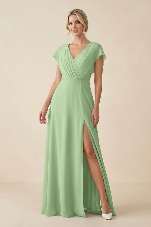 Matcha V-Neck Cap Sleeve Chiffon Bridesmaid Dress with Cut-out Back | KISSBRIDAL
