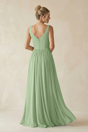 Matcha V-Neck Chiffon A-Line Long Bridesmaid Dress (2) | KISSBRIDAL