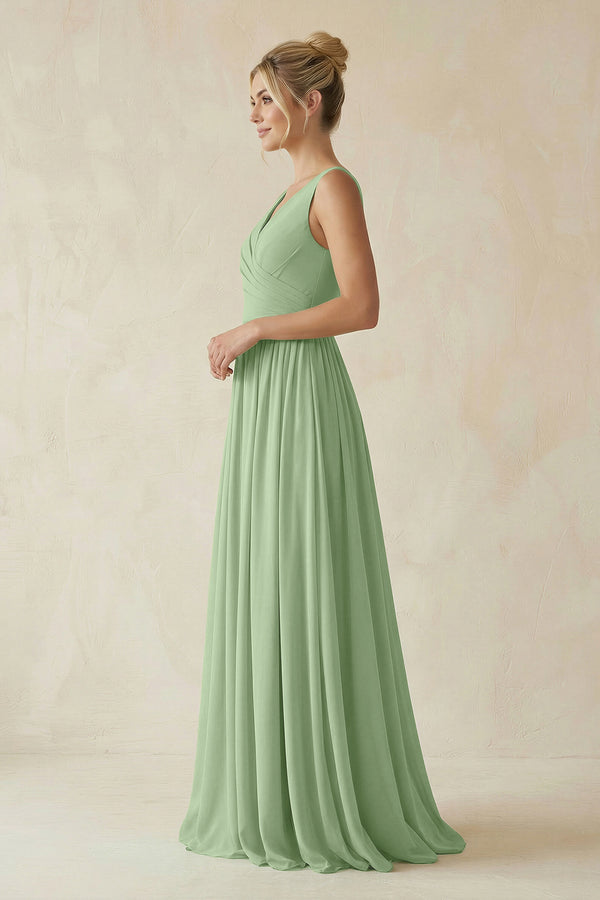 Matcha V-Neck Chiffon A-Line Long Bridesmaid Dress (3) | KISSBRIDAL