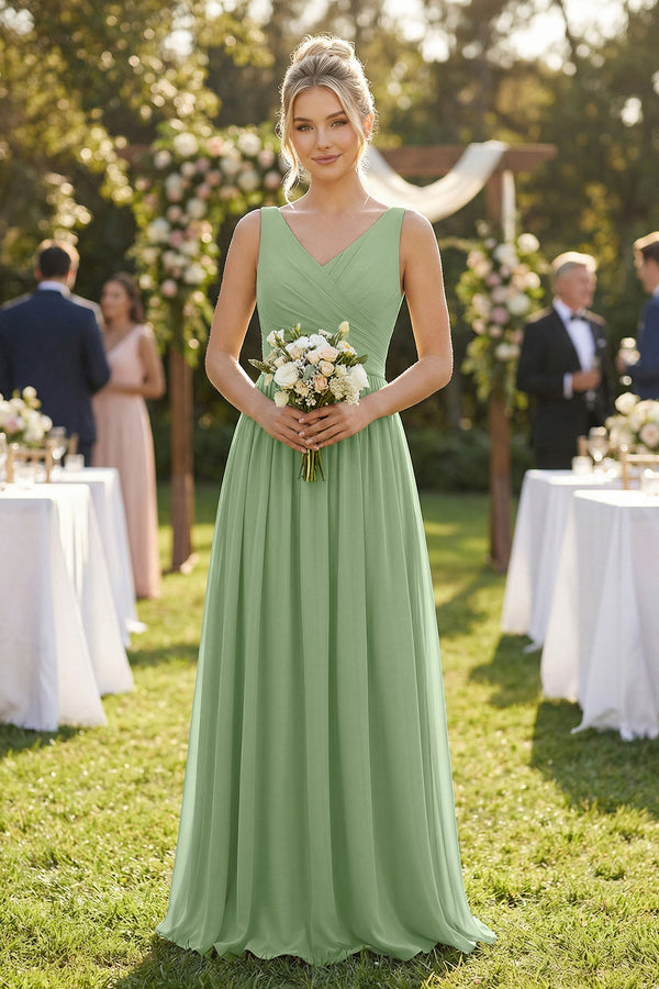 Matcha V-Neck Chiffon A-Line Long Bridesmaid Dress (4) | KISSBRIDAL