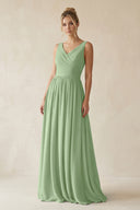 Matcha V-Neck Chiffon A-Line Long Bridesmaid Dress | KISSBRIDAL